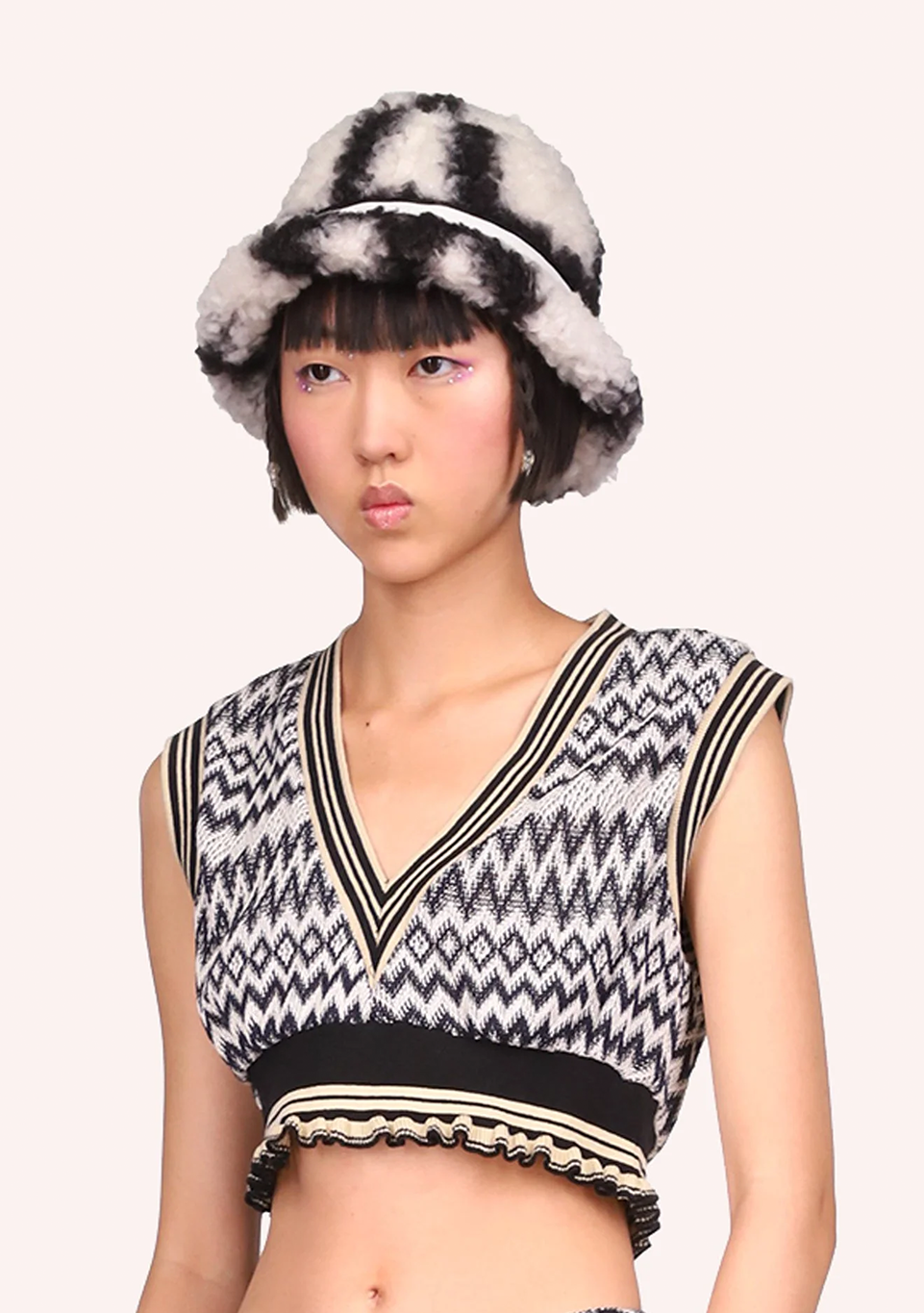 Windowpane Faux Fur Bucket 
                Hat Black Mult